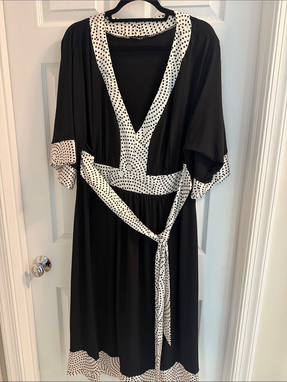 Black Polka Dot Trim V-Neck Wrap Dress